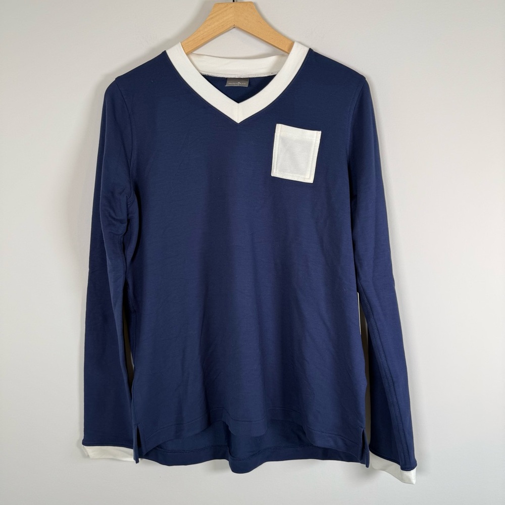 Belyn Key V-Neck Pullover Long Sleeve Stretchy Shirt Top Ink Nautical Large‎ NWT